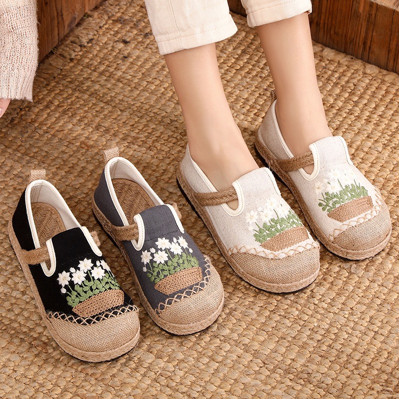 Sneaker Vegan - Veowalk ดอกไม้ปักผู้หญิง Handmade ผ้าลินินผ้าใบ Slip-On Loafers